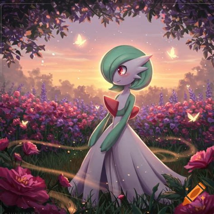 Gardevoir in a field of pink flowers.