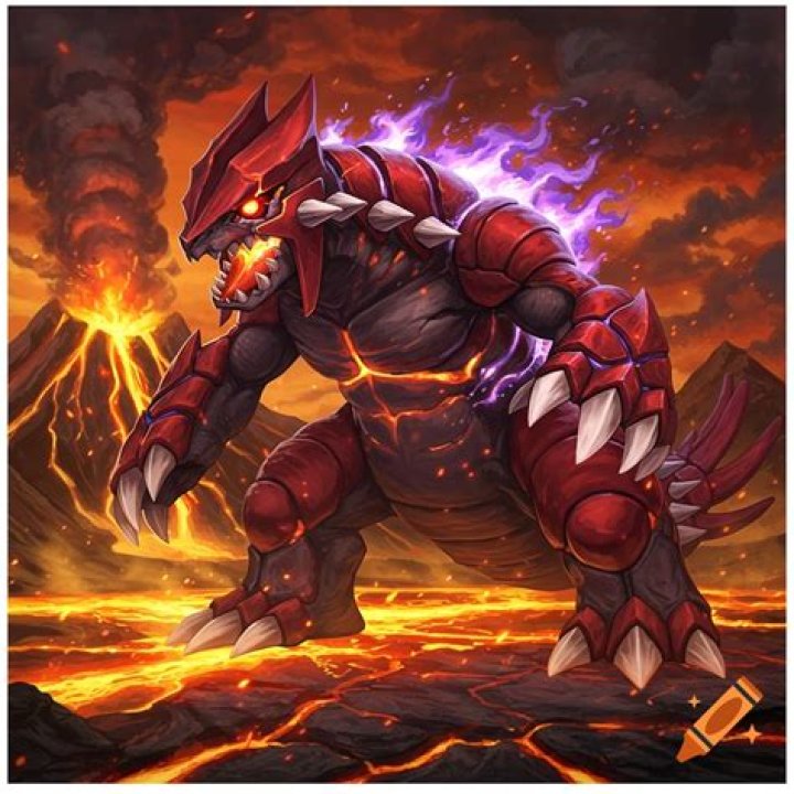 Groudon standing in front of a volcano.