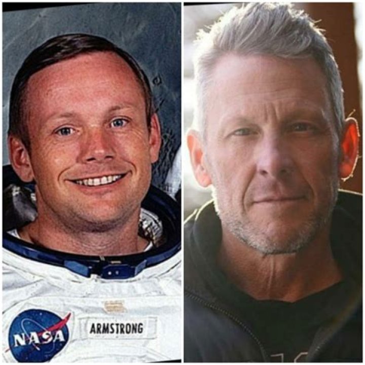 Lance Armstrong and Neil Armstrong both sporting astronaut uniforms