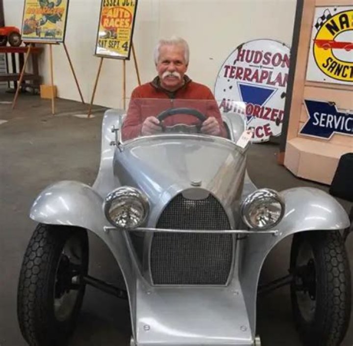Wayne Carini drives a baby Bugatti powered by a two-cycle engine in May 2020